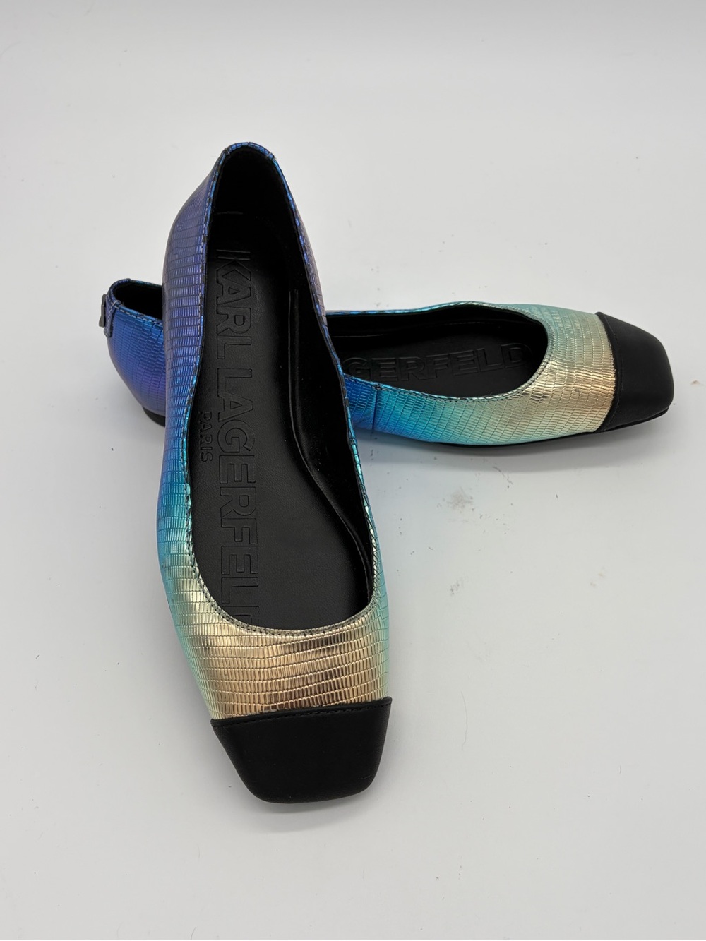 Karl Lagerfeld Iridescent Blue-Green Ballet Flats with Black Cap Toe